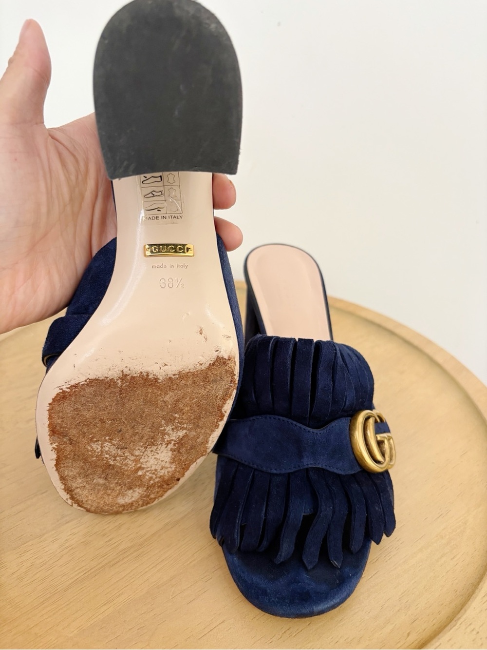 Gucci Kid Scamosciato GG Marmont Fringe Slip On Heel - Picture 7 of 8